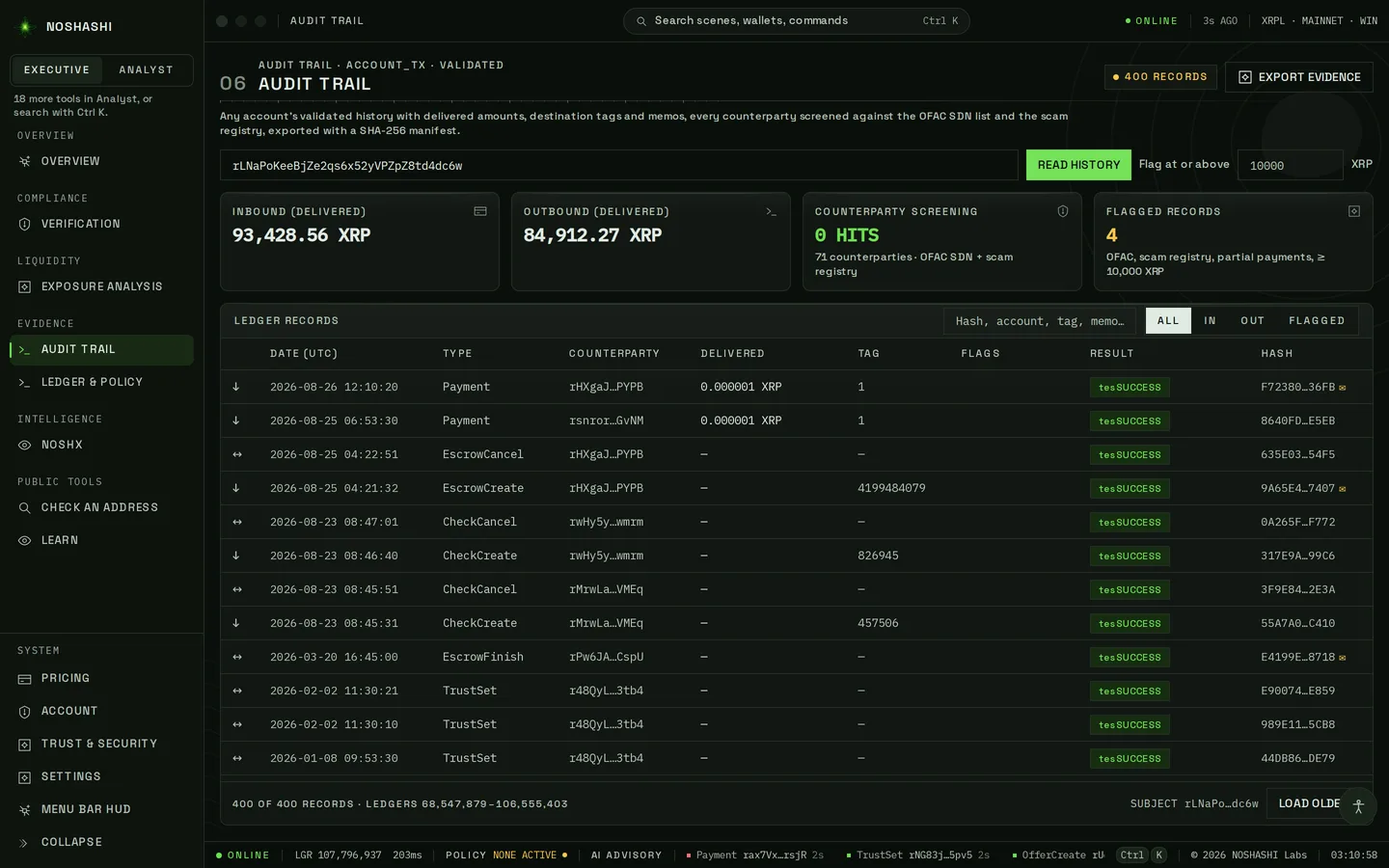 Audit trail screen: an account's validated payment history with delivered amounts and counterparty screening.