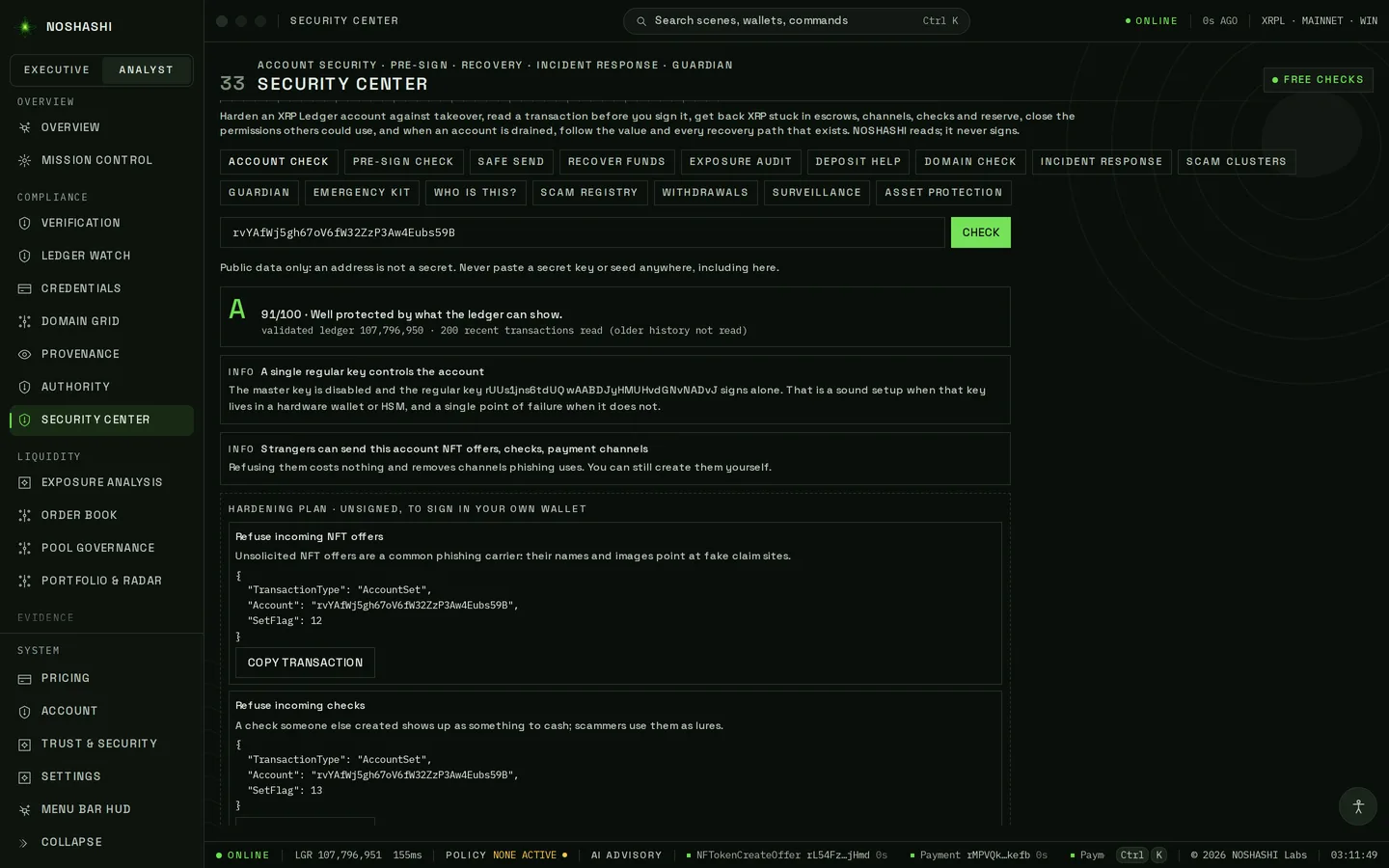 Security Center: an account check showing how an XRPL account can be taken over, read from the ledger.