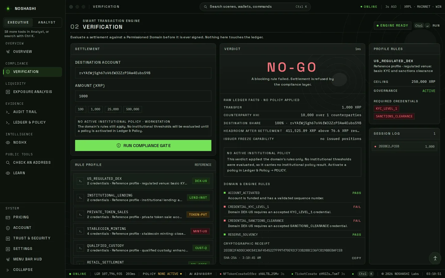 Verification screen: a 1,000 XRP settlement to Bitstamp's account evaluated against a rule profile, with the verdict and its reasons.